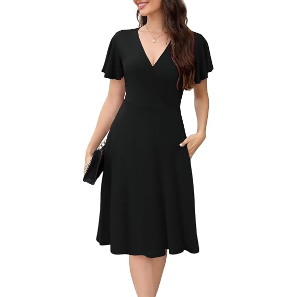 Amazon.com: Womens Summer Dresses Vintage 80s Prom Dress Wedding Guest  Short Sleeve Midi Dress Elegant Criss-Cross V Neck Wrap Dress Black :  Clothing, Shoes & Jewelry
