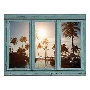 Wall26 - Island Resort Pool Complete with Palm Trees and Setting Sun - Wall Mural, Removable Sticker, Home Decor - 24x32 inches
