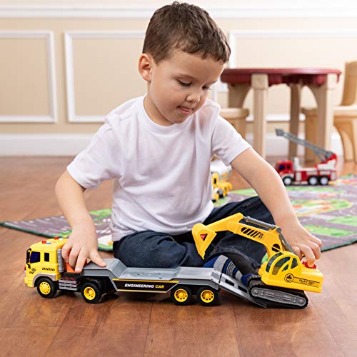 Toy To Enjoy Flatbed Truck Trailer with Excavator Tractor - Friction Powered Wheels, Four Light & Sound Effects - Heavy Duty Plastic Construction Vehicle Toy for Kids & Children