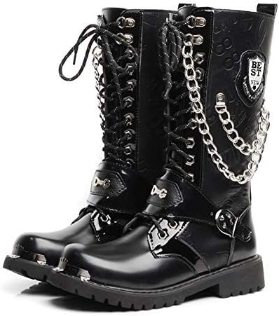NSST Mens Martin Boot British Fashion Waterproof High Boots Genuine Handmade Leather Metal Chain Steampunk Shoes Four Seasons Cowboy Military Boots,42