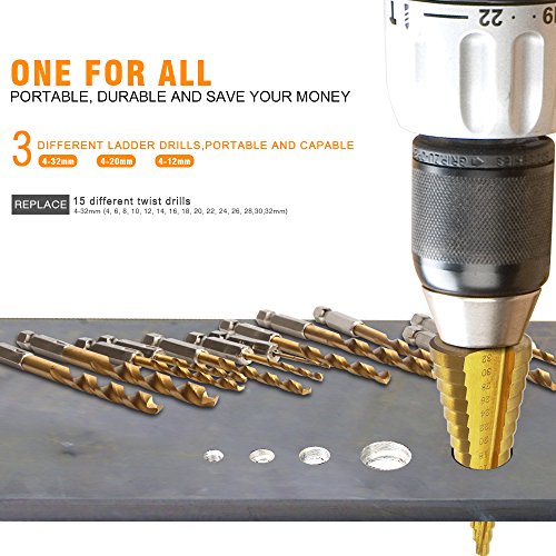 Xilko 3Pcs High-Speed Steel Step Drill Bit Set Power Tools Cone Titanium Coated Metal Hole Cutter 1/4" Hex Shank Drive Quick Change 4-12mm/4-20mm/4-32mm - Thumbnail 4