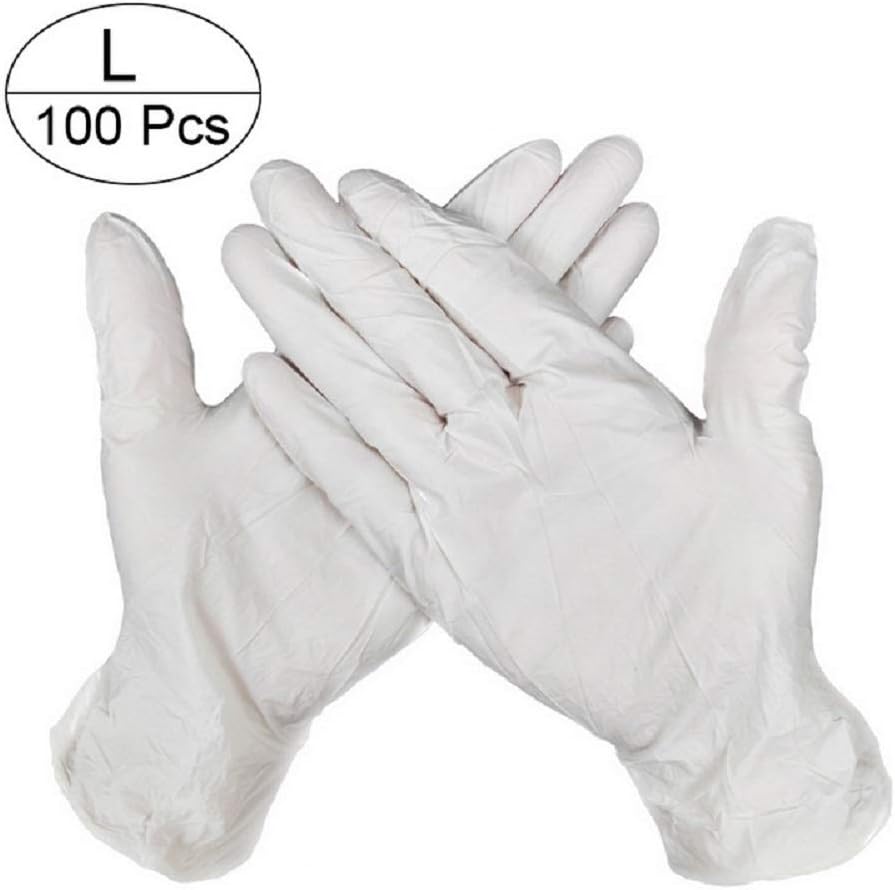 Box of 100 Nitrile Disposable Gloves, Powder Free, Latex Free, Food Grade Kitchen Gloves, Multi-Purpose Cleaning Gloves (White, Large)