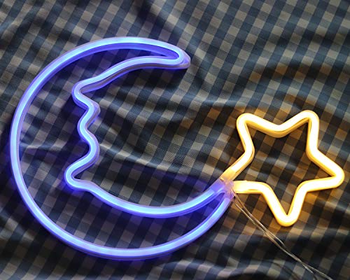 Neon Light Sign Blue Moon Star Neon Night Light for Kids' Bedroom Wall Art LED Decorative Lights for Home USB Powered LED Crescent Moon Neon Christmas Birthday Gift(NEMBSWW) - Thumbnail 3