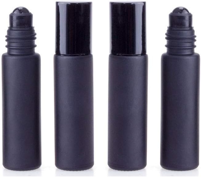 ConStore 4 PCS Gemstone Essential Oil Roller Bottles,10ml Empty Refillable Leakproof Glass Roll On Bottles with Black Obsidian Roller Ball (Matte Black)