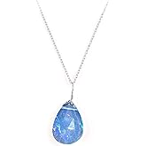 QNAVIC Raw Ethiopian Opal Pendant Necklace for Women, Genuine Blue Fire October Birthstone, Dainty Chakra Crystal, Handmade 925 Sterling Silver Adjustable Chain 18", Hypoallergenic Minimalist Jewelry Birthday Gift for Her