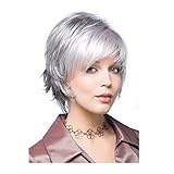 LEJIMEI Short Straight Wigs with Bangs Silver Grey Synthetic Hair Wigs for Older Women Daily Use Fashion Full Wig + Wig Cap