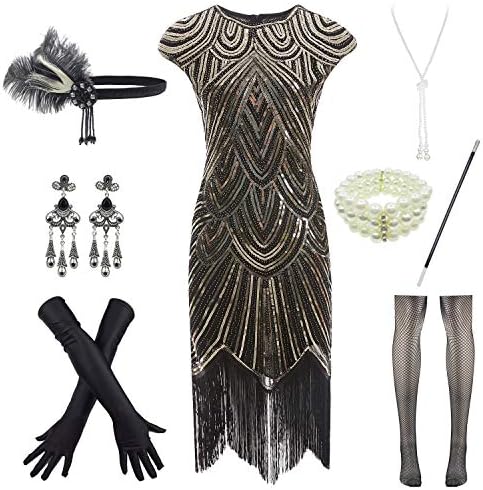 Letter LoveWomens Vintage Lace Fringed Gatsby 1920s Cocktail Dress with 20s Accessories Set