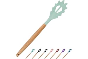 Mint Green Silicone Pasta Server - 12.6 Inch Noodle Spoon with Wooden Handle, Fork, BPA Free