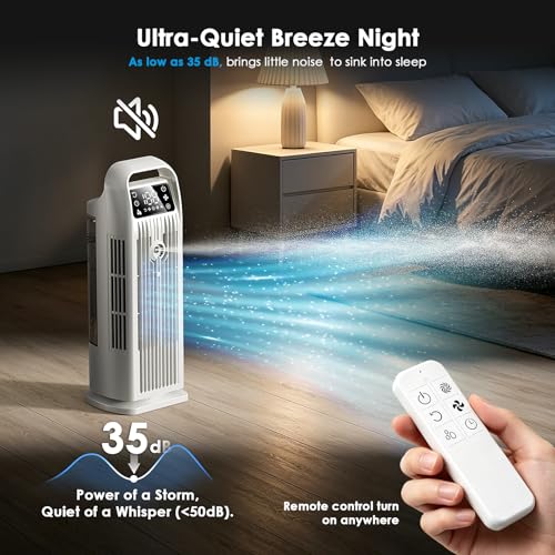 Portable Air Cooler, 6 in 1 Air Conditioner 1200ML Evaporative Air Cooler with Remote Control, 120° Oscillating 4 Speeds 12H Timer Mist Spray Tower Fan for Home Office（Off White）