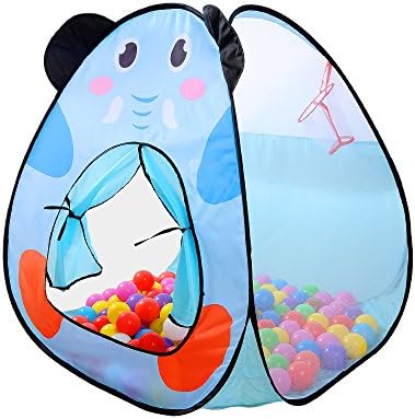 Children Play Tent Indoor and Outdoor- Motring Easy Folding Blue Elephant Ball Pit with Basketball Hoop Play House Baby Beach Tent with Zippered Storage Bag for Kids