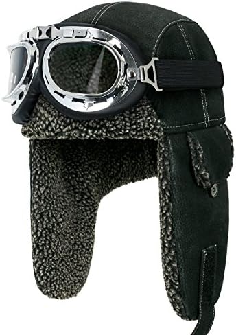 Howels Faux Leather Vintage Aviator Trapper Trooper Ear Flaps Hat With Faux Fur (Medium, Black/Silver)