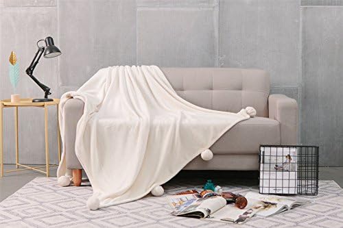 Throws Luxury Pom Pom Fleece Blanket Sofa Bed Warm Large Settee Super Soft (Cream 130cm x 180cm Approx) By Comfort Collections.