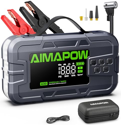 AIMAPOW Starthilfe Powerbank mit Kompressor 9000A, 160 PSI, 12V für Pkw, SUV und Motorrad, für alle Benziner und bis 12,0L Diesel, mit Notstart, 4,2-Z