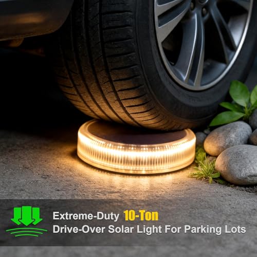 YiLaie Twilight Solar Lights Outdoor Garden 24 LEDs, 11 cm Solar Beacon Circular Floor Adhesive Lighting 360°, IP68 Waterproof for Path, Parking, Stairs, Sidewalk, Warm White (4 Pack)
