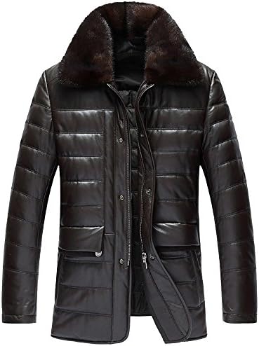 Men's Sheep Leather Jacket Mink Fur Collar Leather Down Jacket Slim Long Section Parka TJ11 (XXXL, Dark brown)