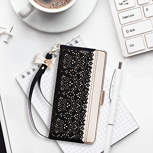 WWW iPhone XR Wallet Case, [Luxurious Romantic Carved Flower] Leather Wallet Case [Inside Makeup Mirror] [Kickstand Feature] Apple iPhone XR Case (2018) Black - Thumbnail 6