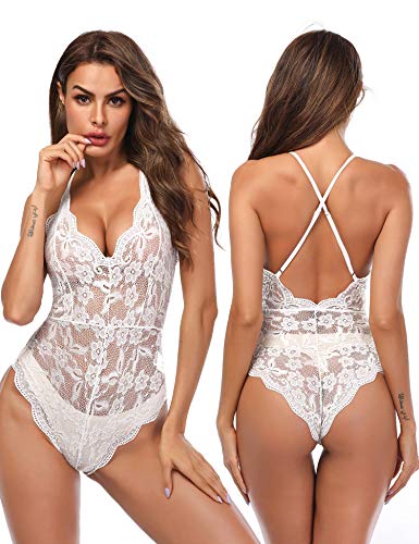 LALAVAVA Womens Teddy Lingerie Lace Babydoll Sexy V Neck Cross Back Bodysuits (White, S)