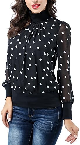 Women's Long Sleeve Mock Neck Pleated Front Chiffon Tunic Fitted Blouse Tops