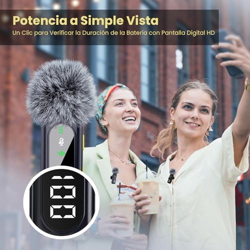 - Micrófono inalámbrico con pantalla digital de batería, cancelación de ruido omnidireccional de 360°, alcance de 30 m, pinza giratoria, para iPhone 15/16, Android, PC, iPad y tableta