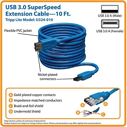 Tripp Lite 10-Feet USB 3.0 Super Speed 5Gbps Extension Cable (A Male to A Female) 10-ft, Blue (U324-010) 10'
