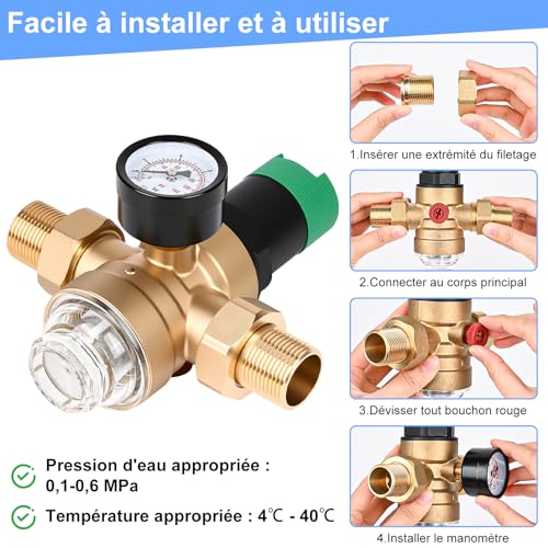 Diealles Shine 3/4" Water Pressure Reducer Pressure Regulator with Pressure Gauge and Sieve Filter Pressure Reducing Valve Brass Pressure Regulator for Homes Buildings