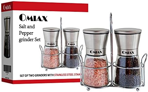 Salt &amp; Pepper Grinder - shakers Manual Stainless Steel Solid Glass Body Mill Set with Adjustable Coarseness Ceramic Rotor and Matching Stand (Set of 2)