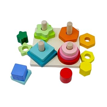 Wooden Geometric Shape Sorter Puzzle Circle Square Pentagon Hexagon Stacker Toys