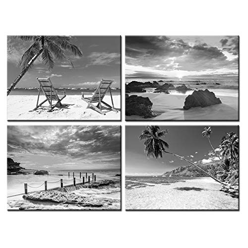 Nachic Wall Black and White Beach Wall Art 4 Piece Sea Sunrise Palm Tree Landscape Picture Painting on Canvas for Modern…