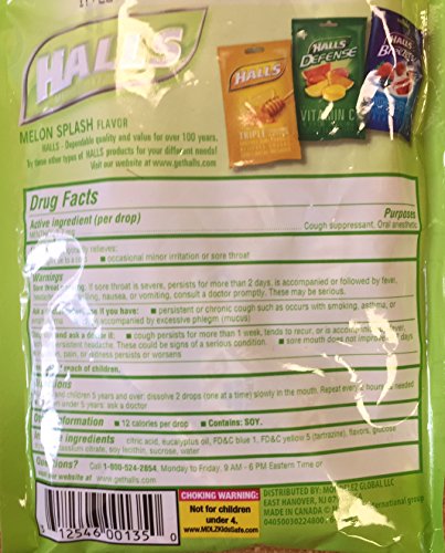 Pack of 3 - Halls Melon Splash Triple Soothing Action Menthol Cough Drops 30 count Per Bag