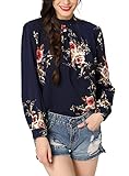 Abollria Women's Flower Print Long Sleeve Stand Collar Casual Chiffon Blouse Shirt Tops