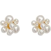 Cluster Pearl Stud Earrings,Sparkling Cubic Zirconia Pearl Statement Earrings,Aesthetic Personalized White Bead Ear Accessories for Bridesmaid
