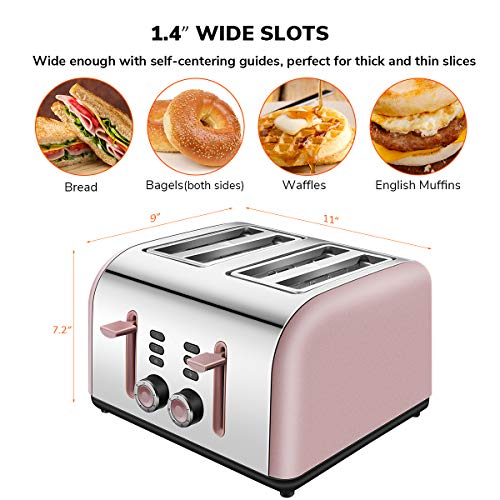4 Slice Toaster, CUSIBOX Stainless Steel Toaster Four Wide Slots with 7 Bread Browning Settings, REHEAT/DEFROST/CANCEL Function, 1400W, Pink Gold