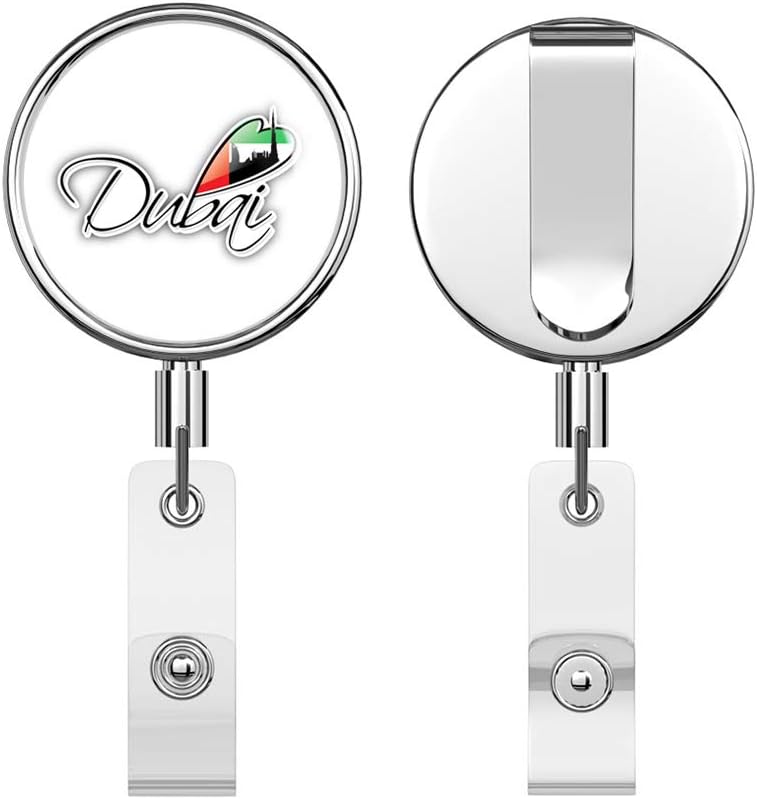 Nics PinsDubai World Flag Heart Travel Round ID Badge Key Card Tag Holder Badge Retractable Reel Badge Holder with Belt Clip