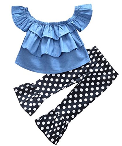 Toddler Girls Off Shoulder Denim Tops+ Dot Print Bellbottoms Outfit Set Size 18-24 Months/Tag90 (Blue)