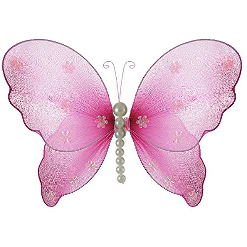 The Butterfly Grove Isabella Pearl Butterfly Decoration 3D Hanging Mesh Organza Nylon Decor, Magenta Hibiscus, Medium, 11"x 7"