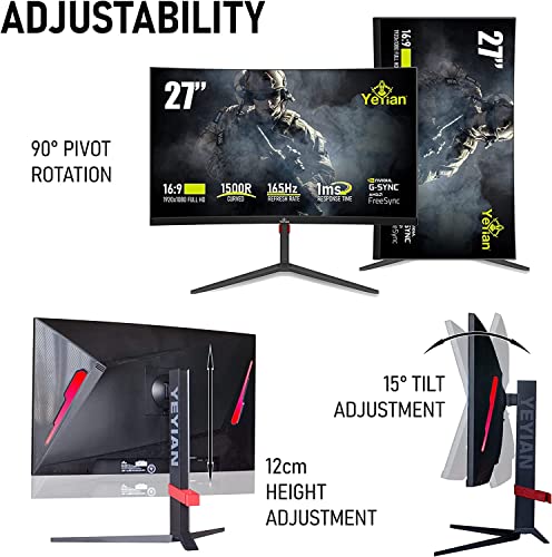 YEYIAN Sigurd 3001 27” Curved PC Gaming Frameless LED Multistand Monitor, 1080P HD, 165Hz, 1ms, 3000:1, 16:9, 178°, 16.7M Colors, G-Sync, FreeSync, DP/DVI/HDMI, Speaker, Tilt/Height/Pivot Adjustable