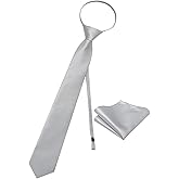YourTies Zipper Tie for Men Adjustable Pre-tied Satin Neckties and Pocket Square Set Solid Color Business Formal Wedding