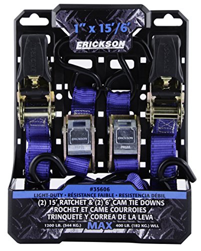 Erickson 35606 Light Duty Tie-Down Strap, 2 Pack (Combo Pack contains 2 Ratchet Straps and 2 Cam Lock Straps, 1200 lb Load Capacity)