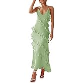 Wenrine Womens Sexy Chiffon Halter Maxi Dress Sleeveless Backless Ruffle Tassel Party Club Dresses