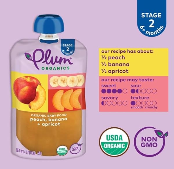 PLUM ORGANICS STAGE 2 ORGANIC BABY FOOD – PEACH, BANANA, AND APRICOT – 4 OZ POUCH (PACK OF 6) – ORGANIC FRUIT AND VEGETABLE BABY FOOD POUCH