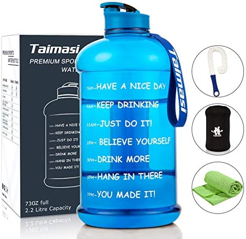 2.2L/73oz Water Bottle With Time Marker, Large Sports Water bottle Water Jug with Sleeve & Cleaning Brushes & Cooling Towel, Reusable Leak Proof Motivational Water Bottle for GYM Fitness Camping