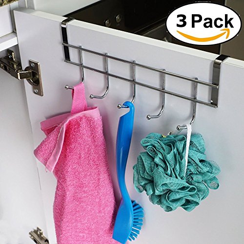 3 Packs Over the Cabinet Door Hooks, 5 Hooks Organizer Rack - Wardrobe Hanger - Kitchen Office Storage, Chrome Finish