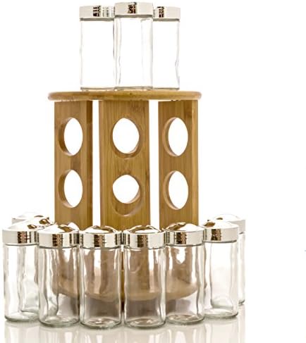 Intriom Bamboo Revolving Spice Rack Set With 12 Glass Spice Jars