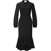 Mambabacosp Women's Long Sleeve Church Dress Clergy Tab Insert Collar Fishtail Priestess Dress