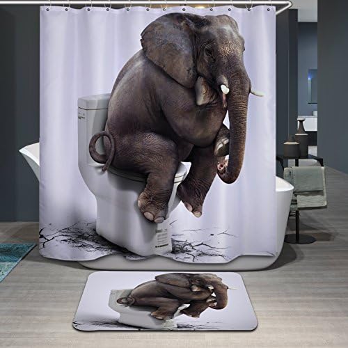 3D Mildew Resistant Polyester Funny Hilarious Elephant Toilet Shower Curtain and Rug Set With Rings (71x94inch, Multi 6)