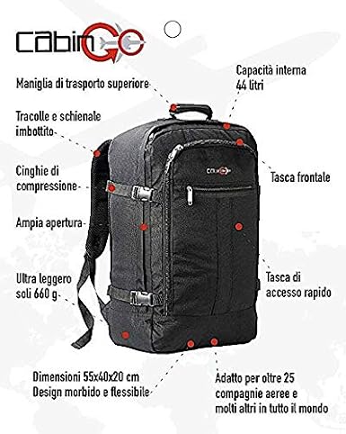 Valigeria 44 litri approvato volo IATA/EasyJet/Ryanair 55 x 40 x 20 cm MAX  5540 bagaglio a mano/cabina da viaggio CABIN GO Zaino cod urban-earth.co.uk