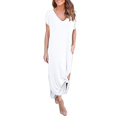 women's casual loose pocket long dress short sleeve split maxi dresses