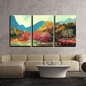 3 Piece Canvas Wall Art - Illustration - Painting of Beautiful Autumn Forest,Illustration - Modern Home Art Stretched and Framed Ready to Hang - 16"x24"x3 Panels