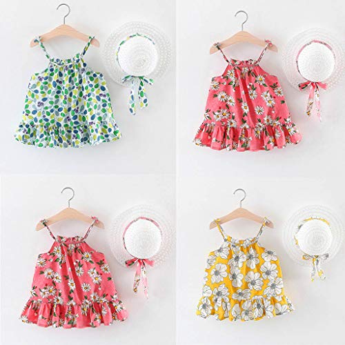 2 Piece Toddler Infant Summer Outfits Baby Girls Fruit Floral Print Princess Dress + Bowknot Wide Brim Sun Hat Sets (Red B, 2-3 Years)
