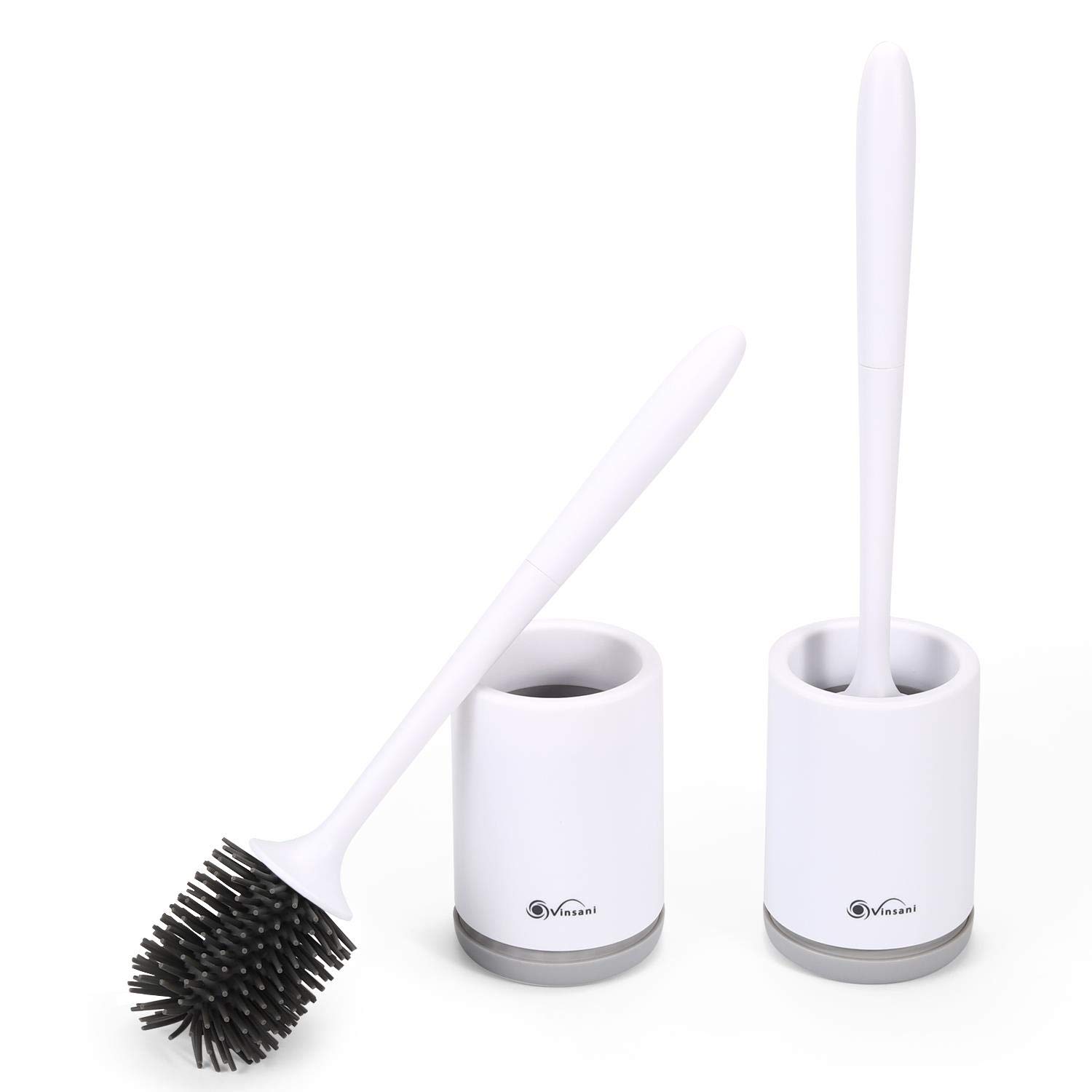 Vinsani Toilet Brush with Handle & Holder Set - Non-Slip Plastic handle with Deep Cleaner Flexible Rubber Bristles and Quick Dry Holder, Grey, 2 Pack